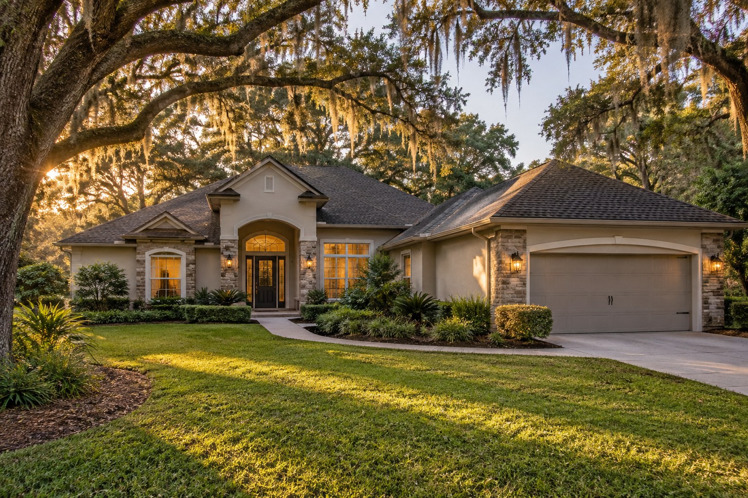 A Florida home with oaks on a quiet lot in warm evening light, illustrative